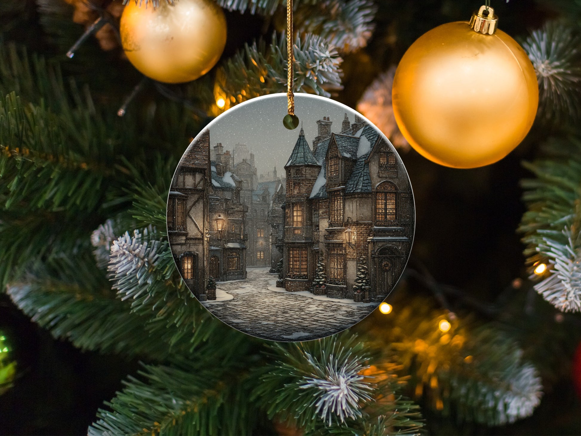 Festive Town Scene Hanging Christmas Ornament