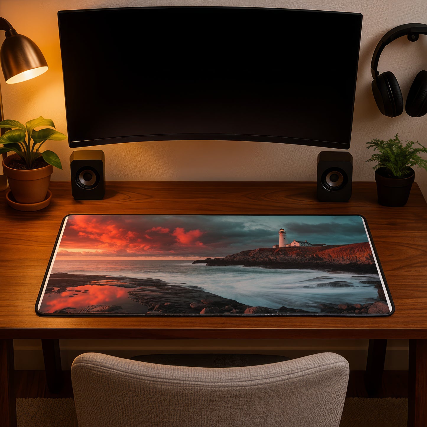 Desk mat featuring a lighthouse on a rocky coast at sunset.