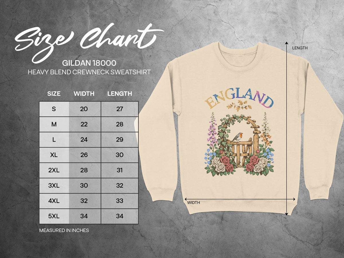 Gildan 18000 size chart for heavy blend crewneck sweatshirt with measurements.