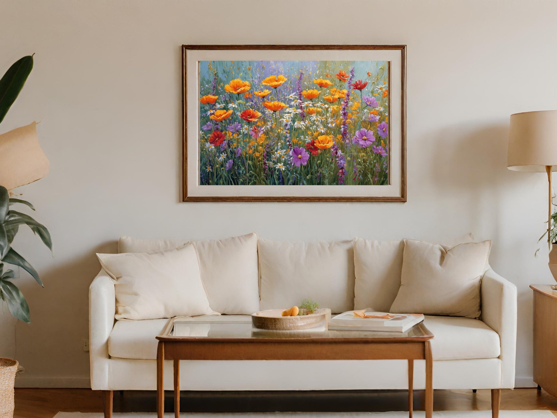 Floral landscape painting above a cream sofa and coffee table.