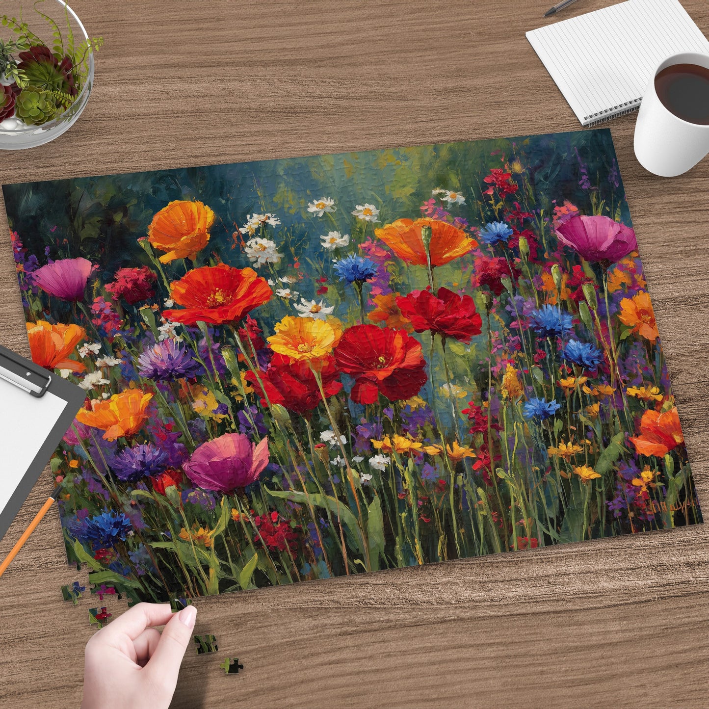 Colorful poppy and wildflower field painting on a jigsaw puzzle, viewed from above.