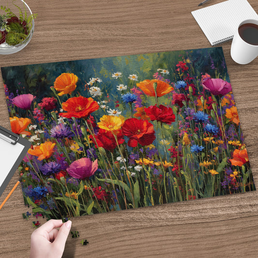 Colorful poppy and wildflower field painting on a jigsaw puzzle, viewed from above.