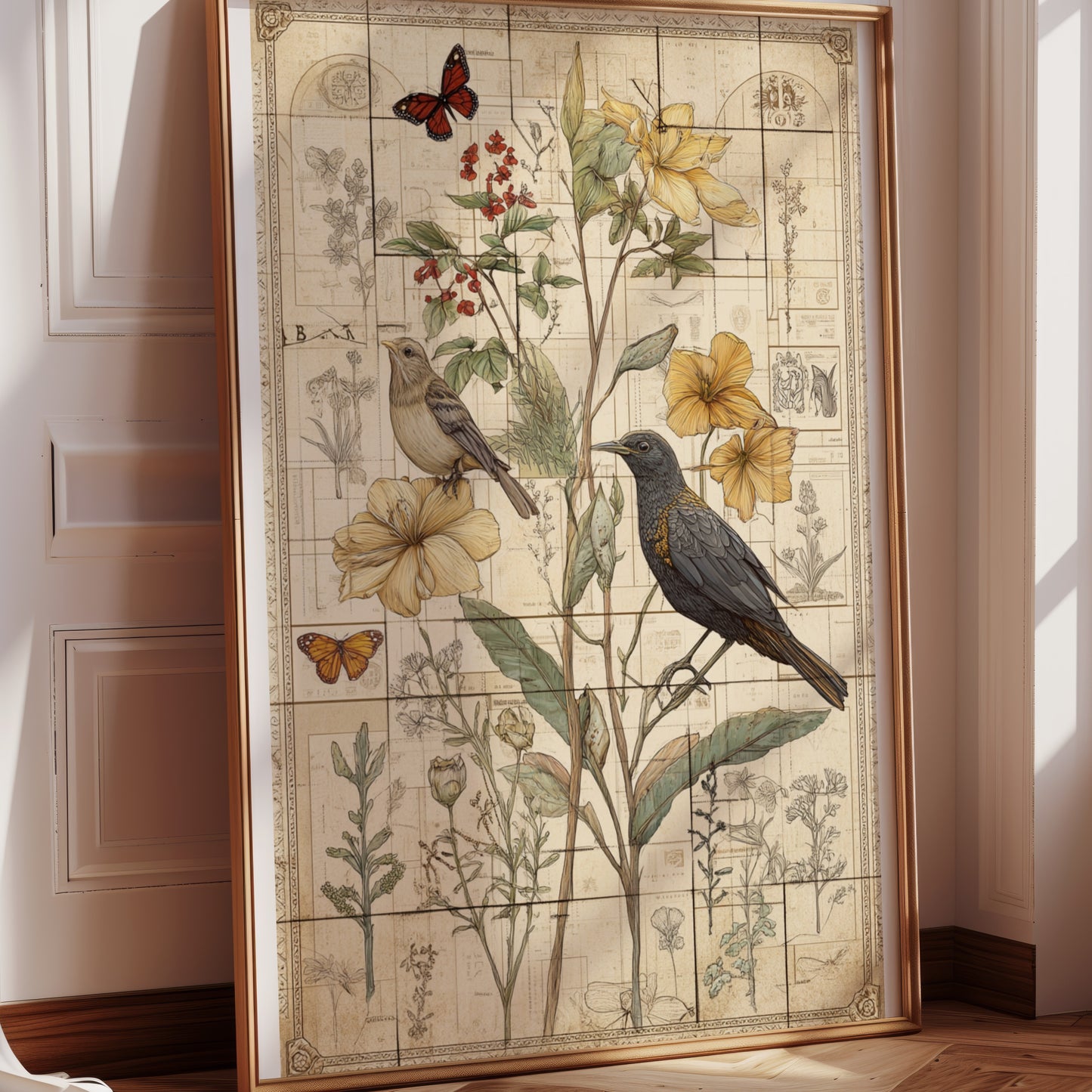 Vintage Botanical Birds and Butterflies Art Print