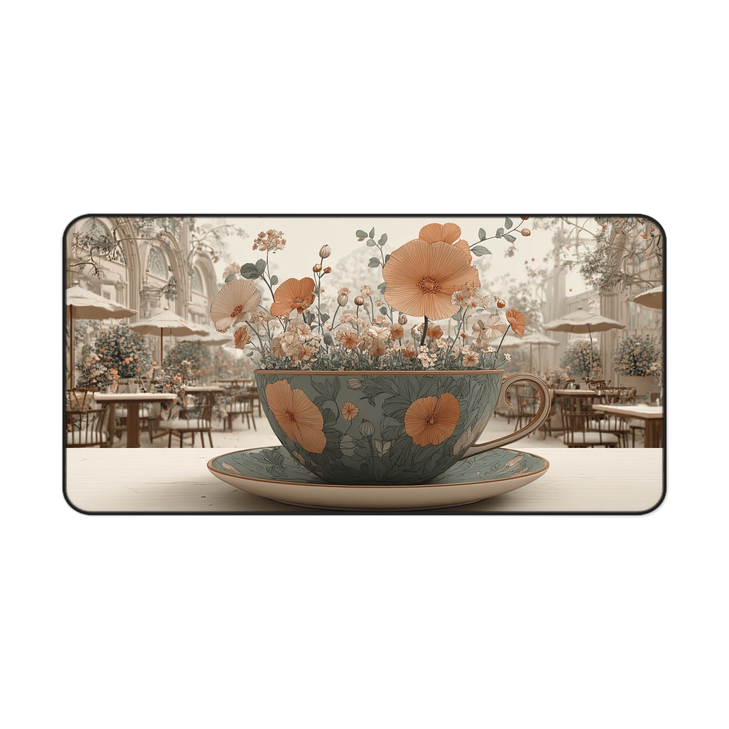Vintage Tea Cup Floral Desk Mat — Cafe-inspired Desktop Mouse Pad
