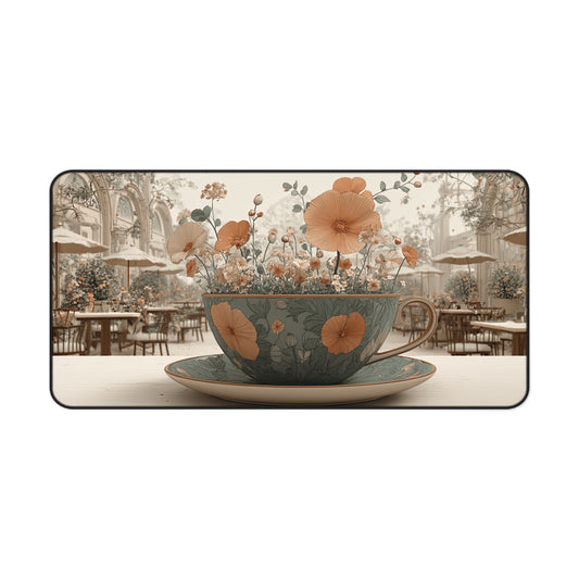 Vintage Tea Cup Floral Desk Mat — Cafe-inspired Desktop Mouse Pad
