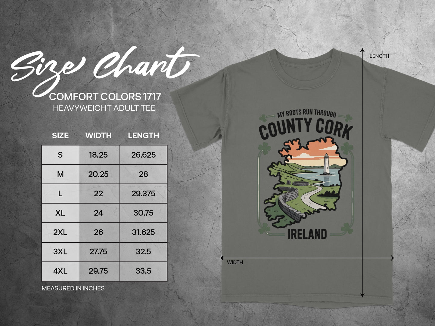 Comfort Colors 1717 heavyweight adult tee size chart with width and length measurements.