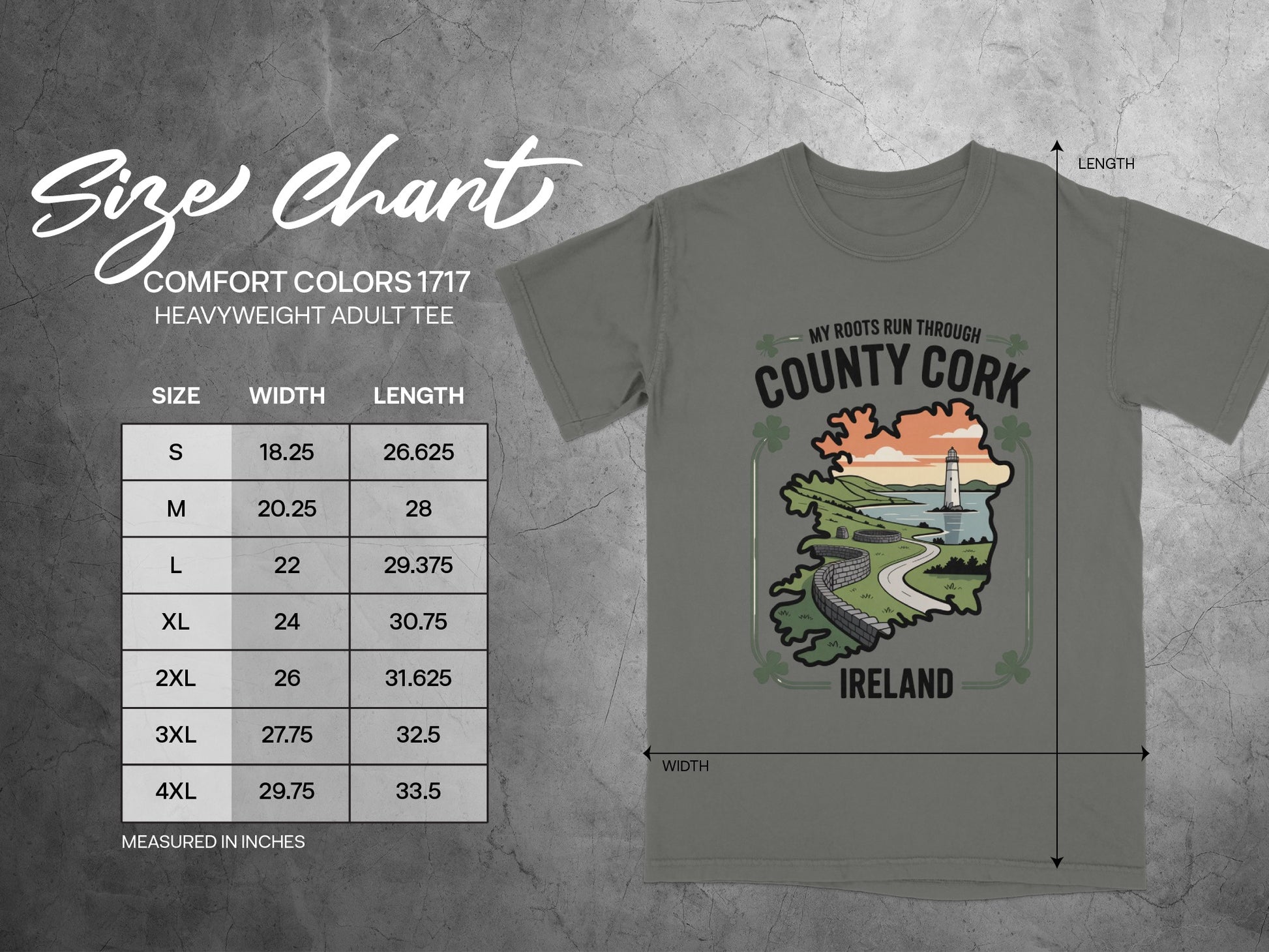 Comfort Colors 1717 heavyweight adult tee size chart with width and length measurements.