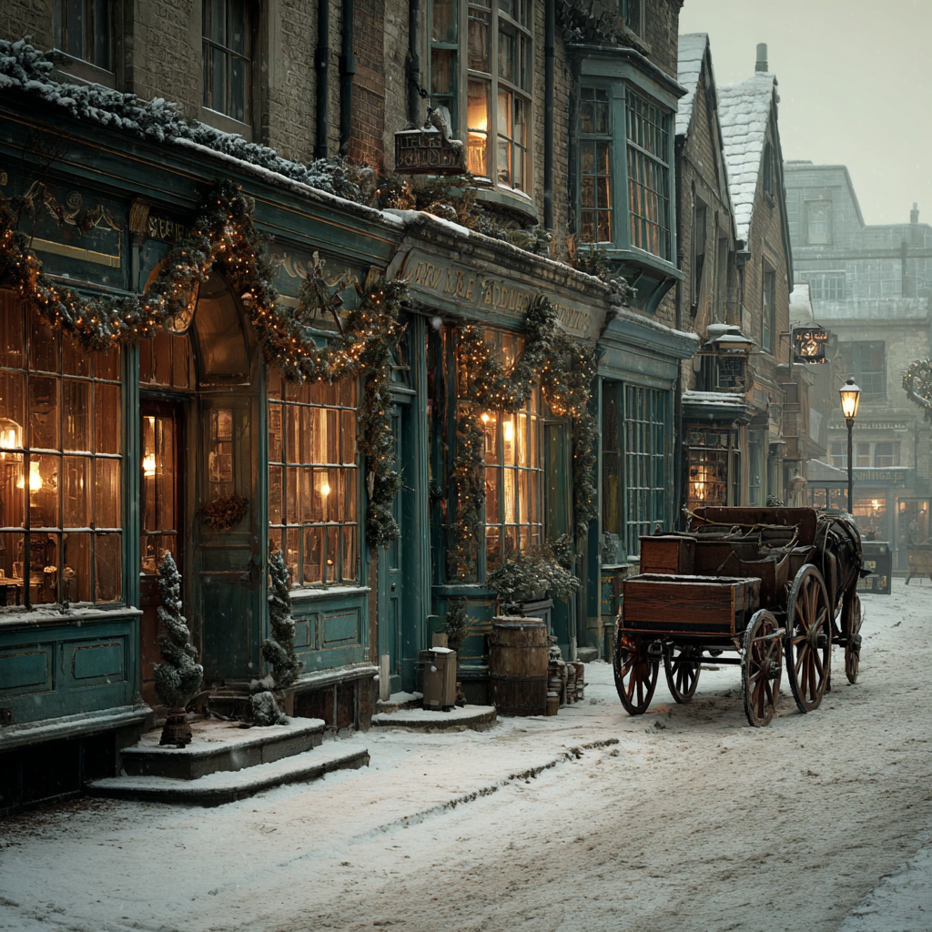 Vintage Snowy Town Scene with Horse-Drawn Carriage Art