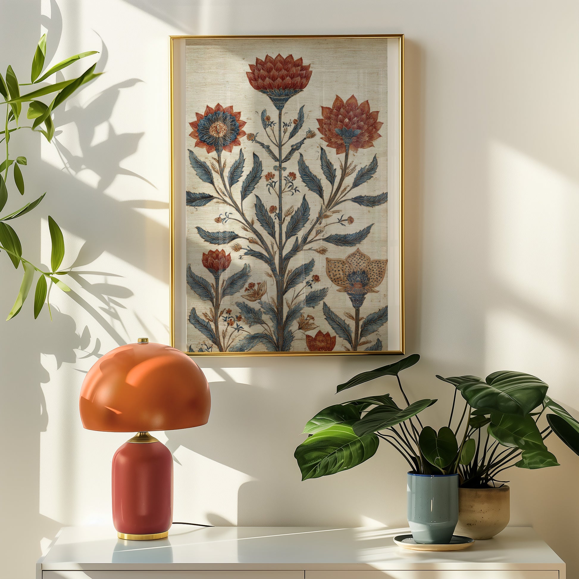 Floral Embroidered Wall Art with Red and Blue Flowers