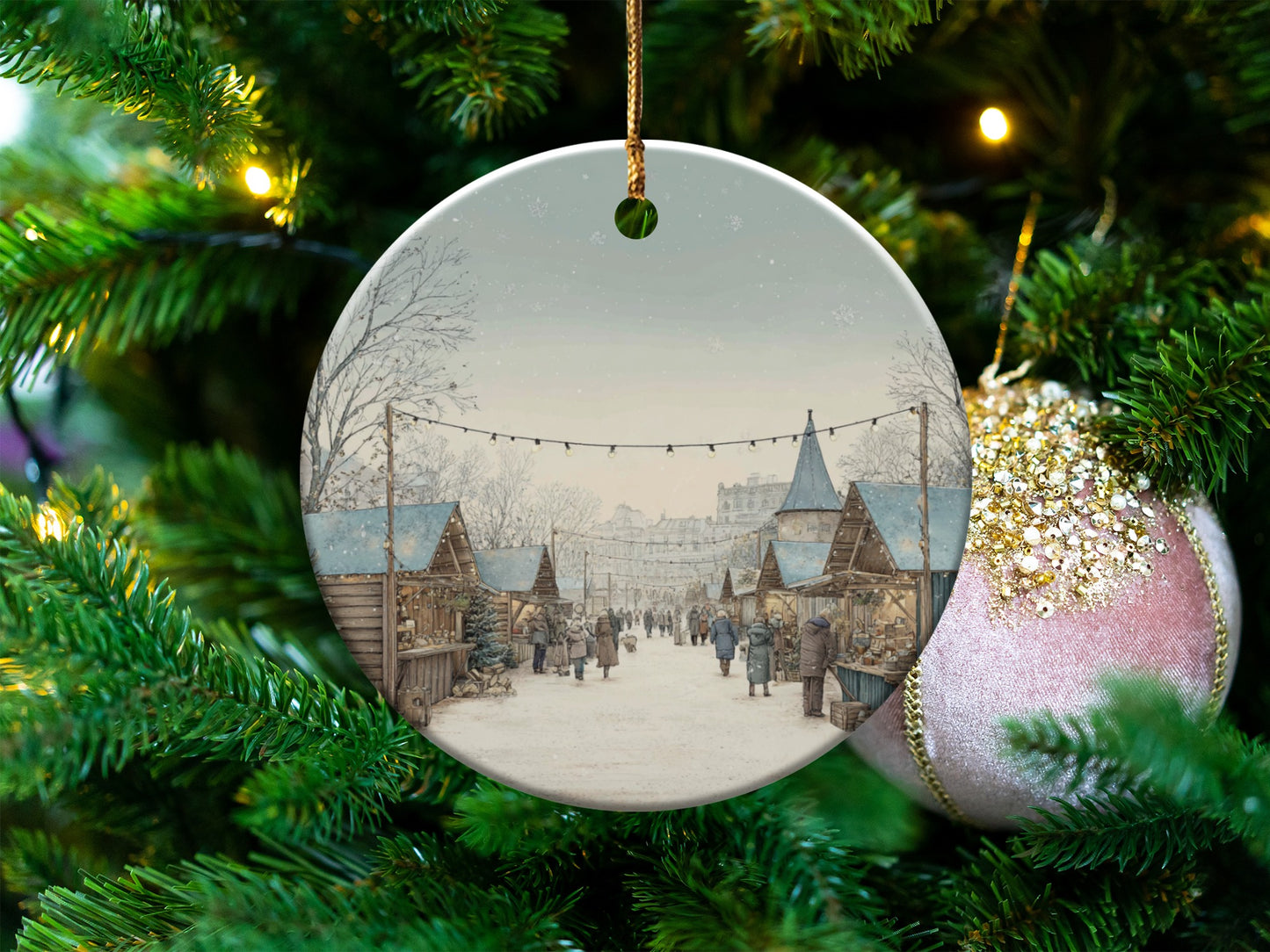 Vintage Christmas Market Scene Ornament