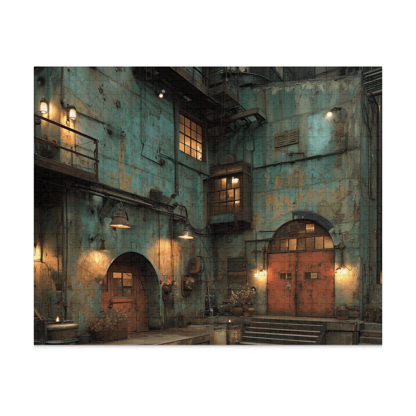Industrial building with peeling teal paint and red doors, lit by warm lamps.
