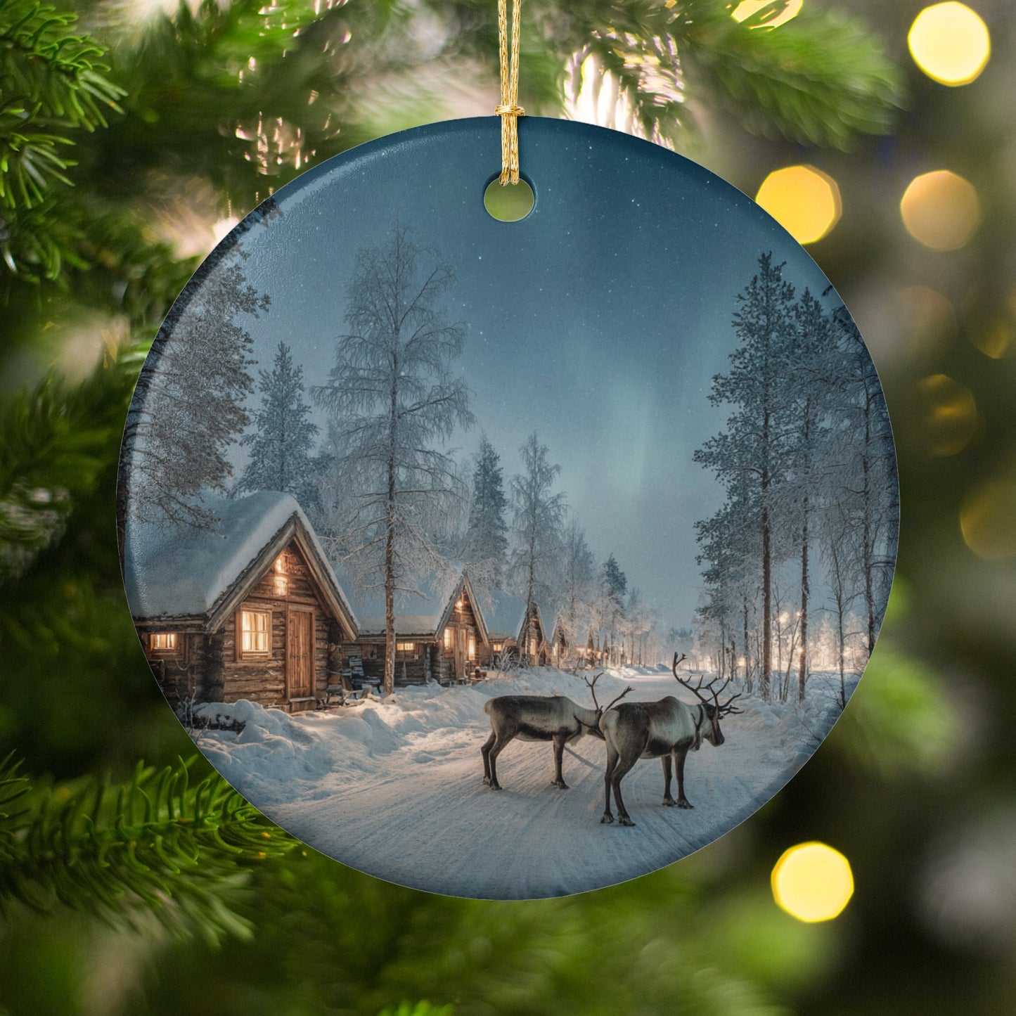 Cozy Christmas Forest Reindeer Winter Scene Ornament