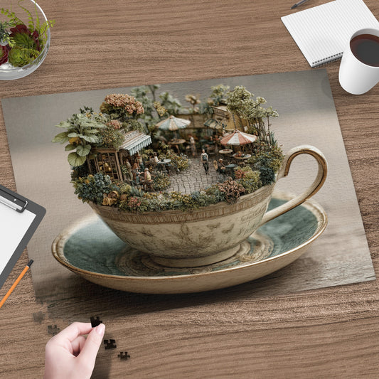 Teacup-shaped diorama of a miniature outdoor cafe with tiny people and greenery.