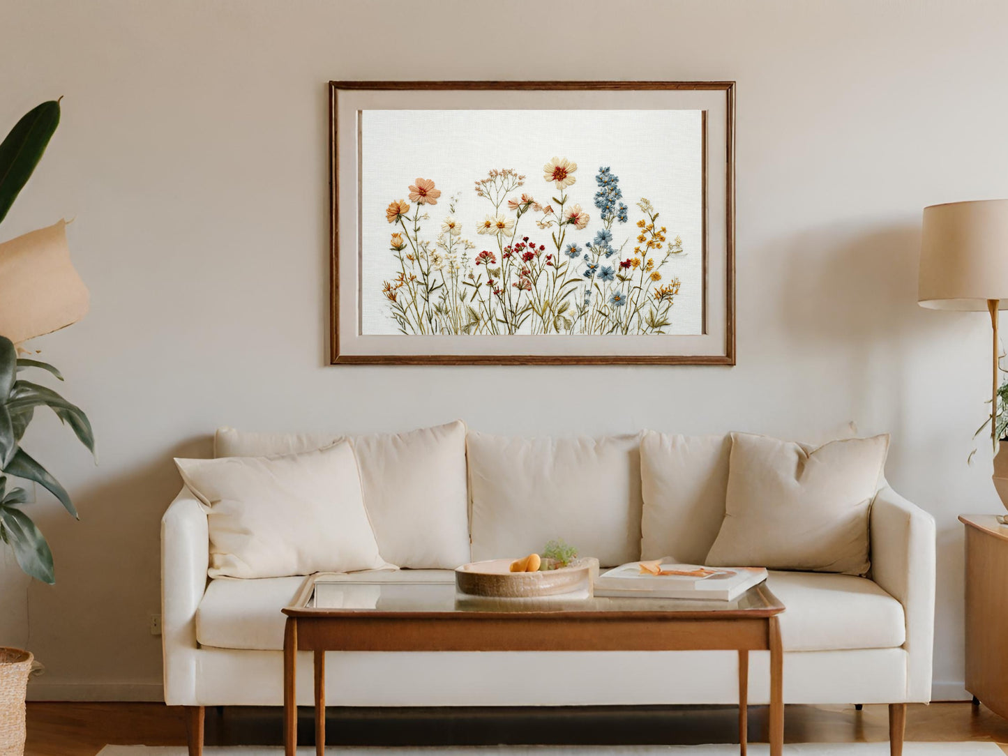 Framed artwork of wildflowers above a cream sofa with a wooden coffee table.