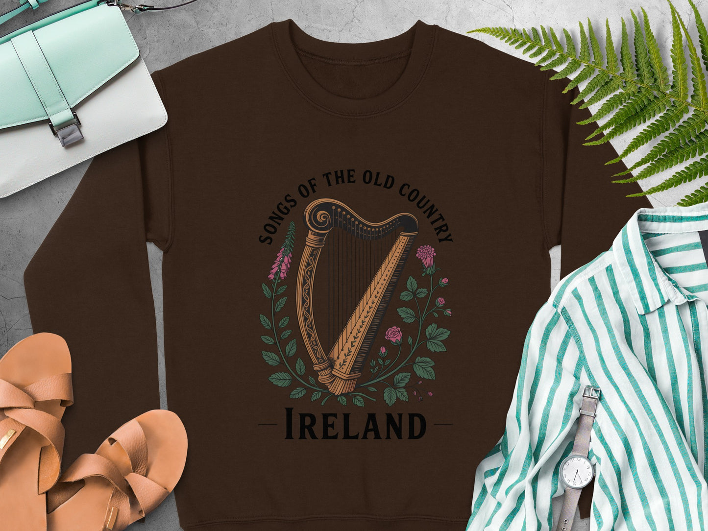 Harp design and "Ireland" text on Dark Chocolate sweatshirt