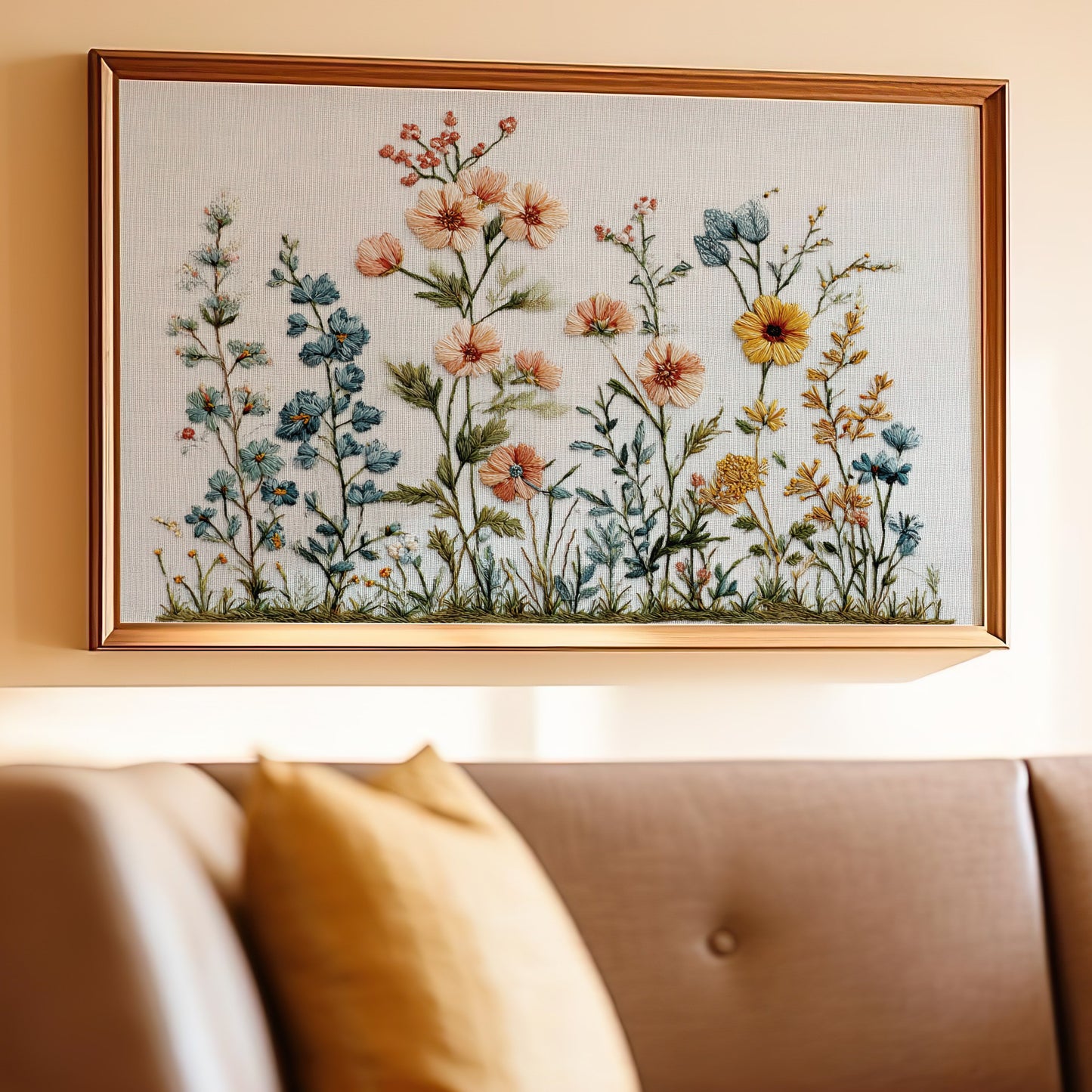 Embroidery of wildflowers in a framed textile art piece above a sofa.