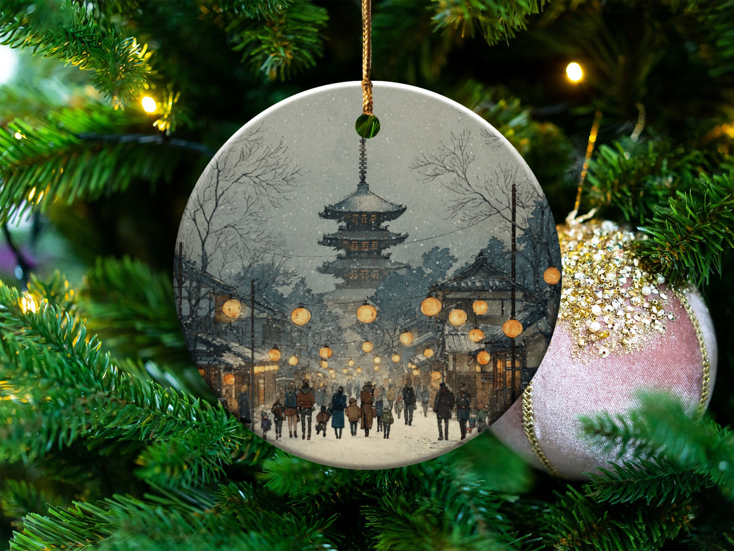 Festive Holiday Ornament with Traditional Temple Scene