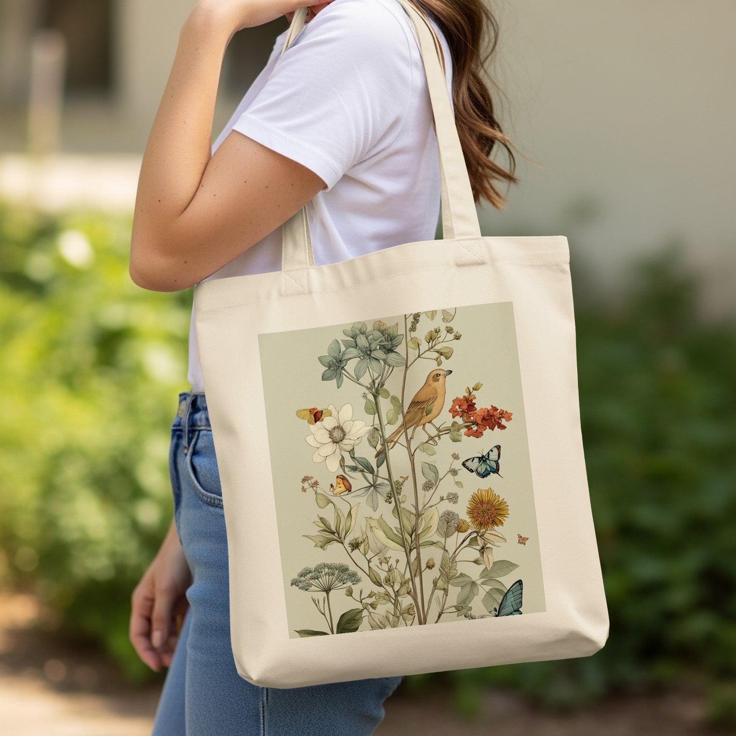 Beautiful Floral Nature Print Art on Beige Tote Bag