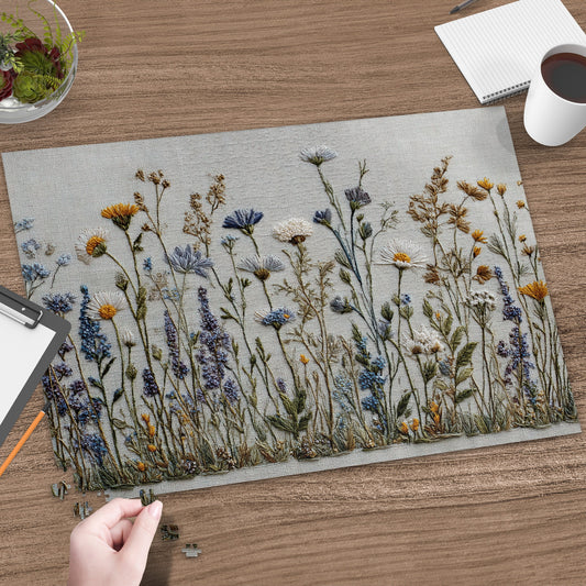 Embroidered wildflower puzzle with scattered pieces and a coffee cup.
