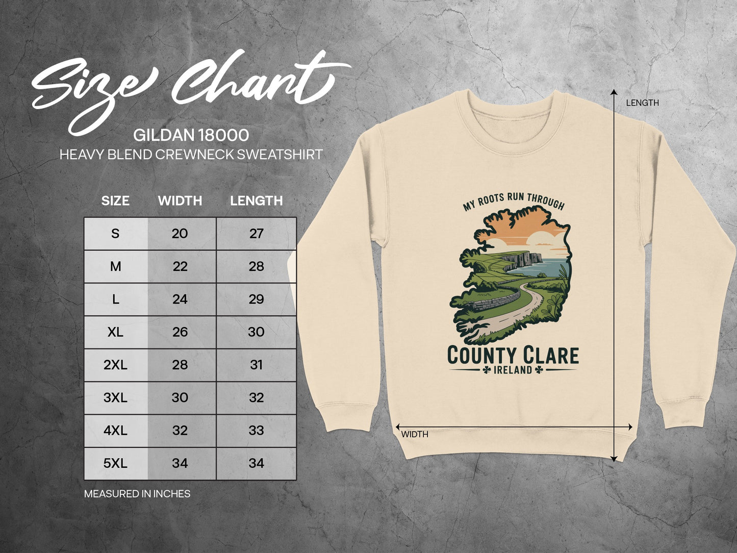 Gildan 18000 sweatshirt size chart with width and length measurements in inches.
