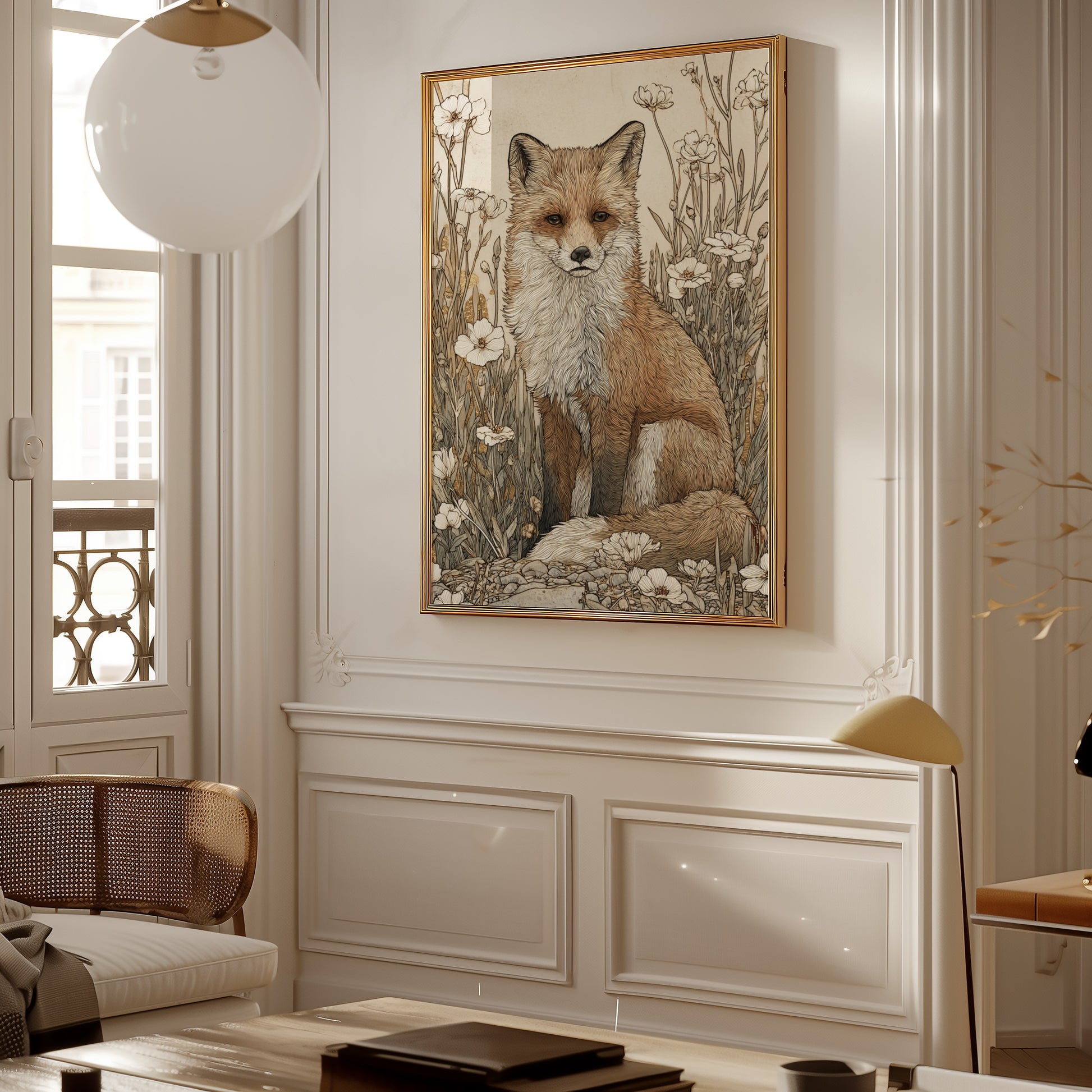 Elegant Fox Amidst Floral Landscape Wall Art