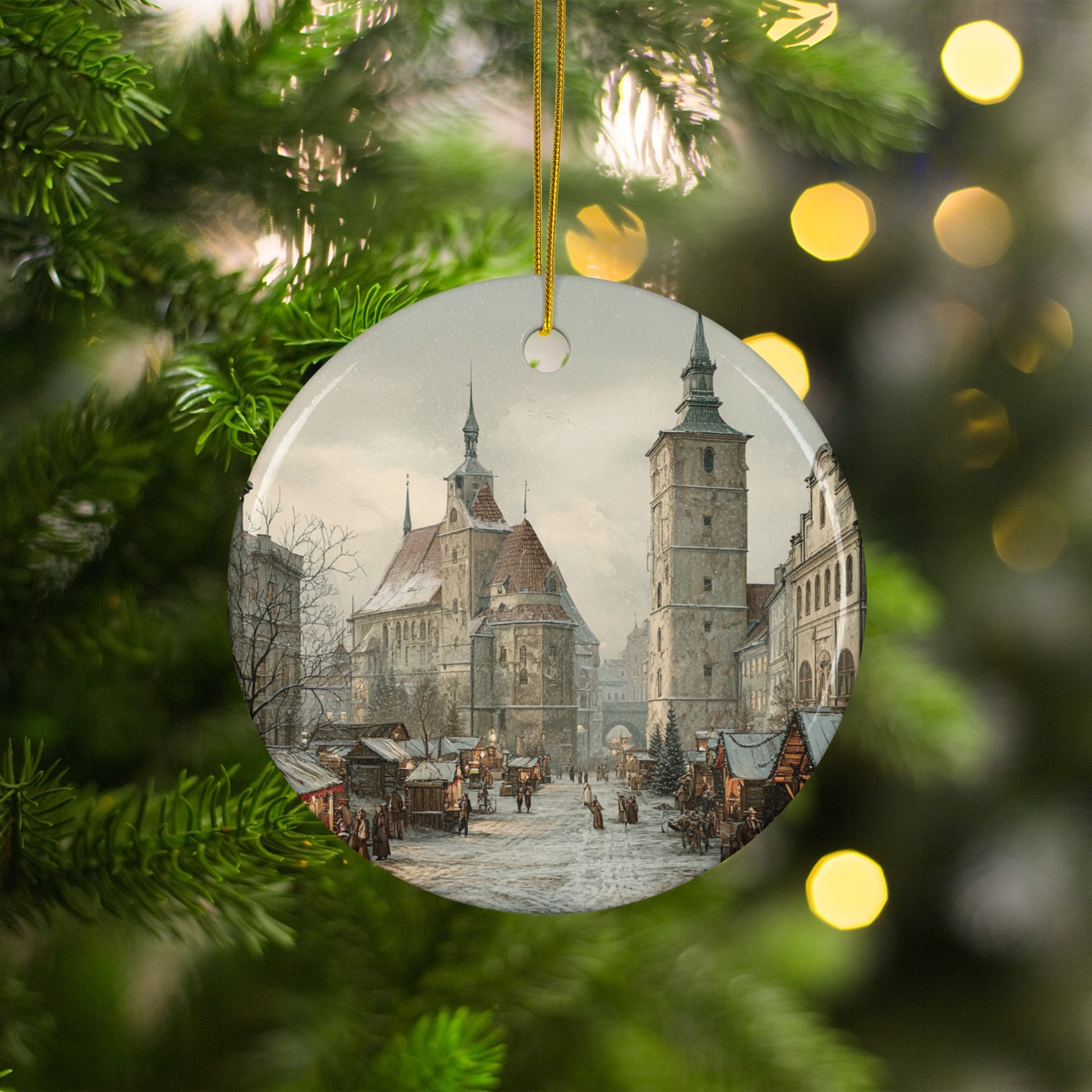 Vintage European Christmas Market Scene Ornament