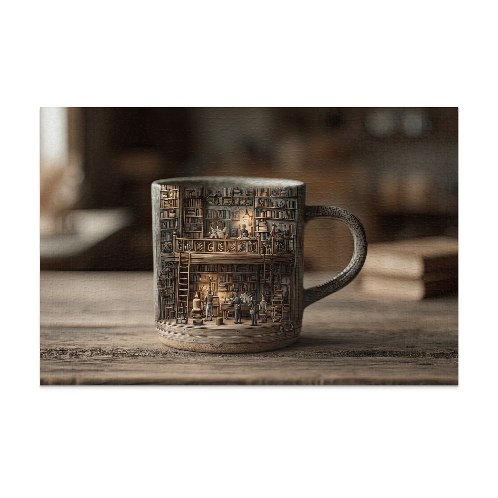 Mug with detailed library interior illustration and a ladder.