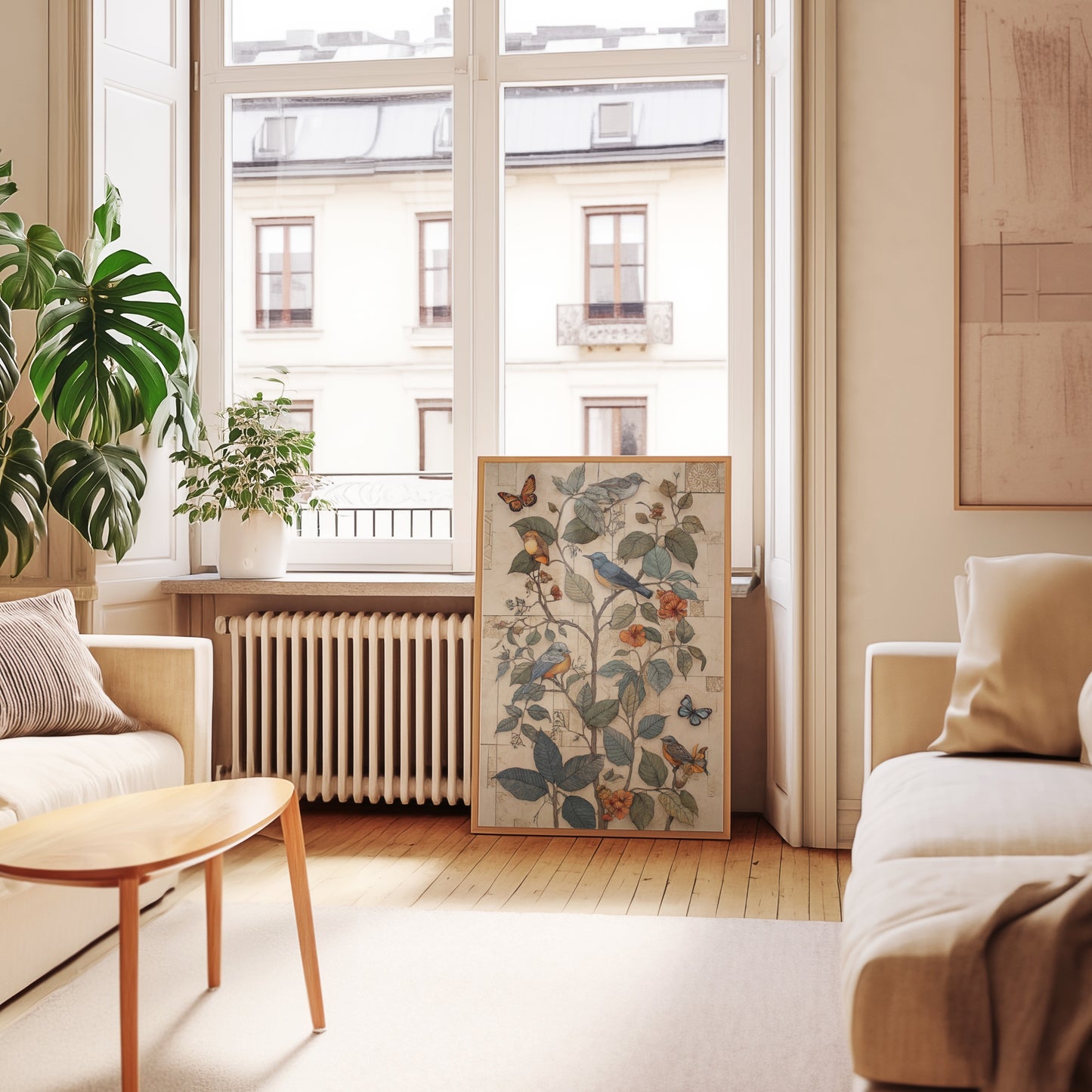 Elegant Botanical Print with Butterflies and Birds