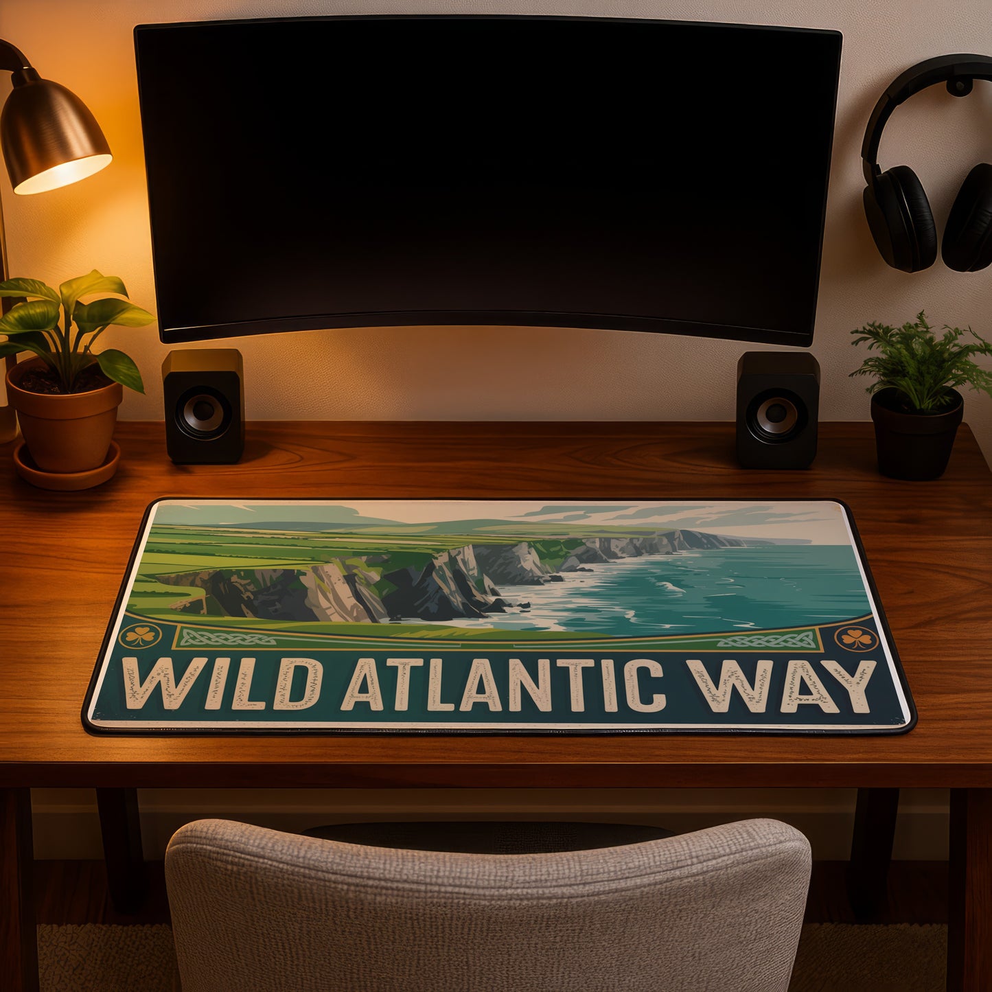 Desk mat with "Wild Atlantic Way" text featuring a cliffside landscape and ocean view.