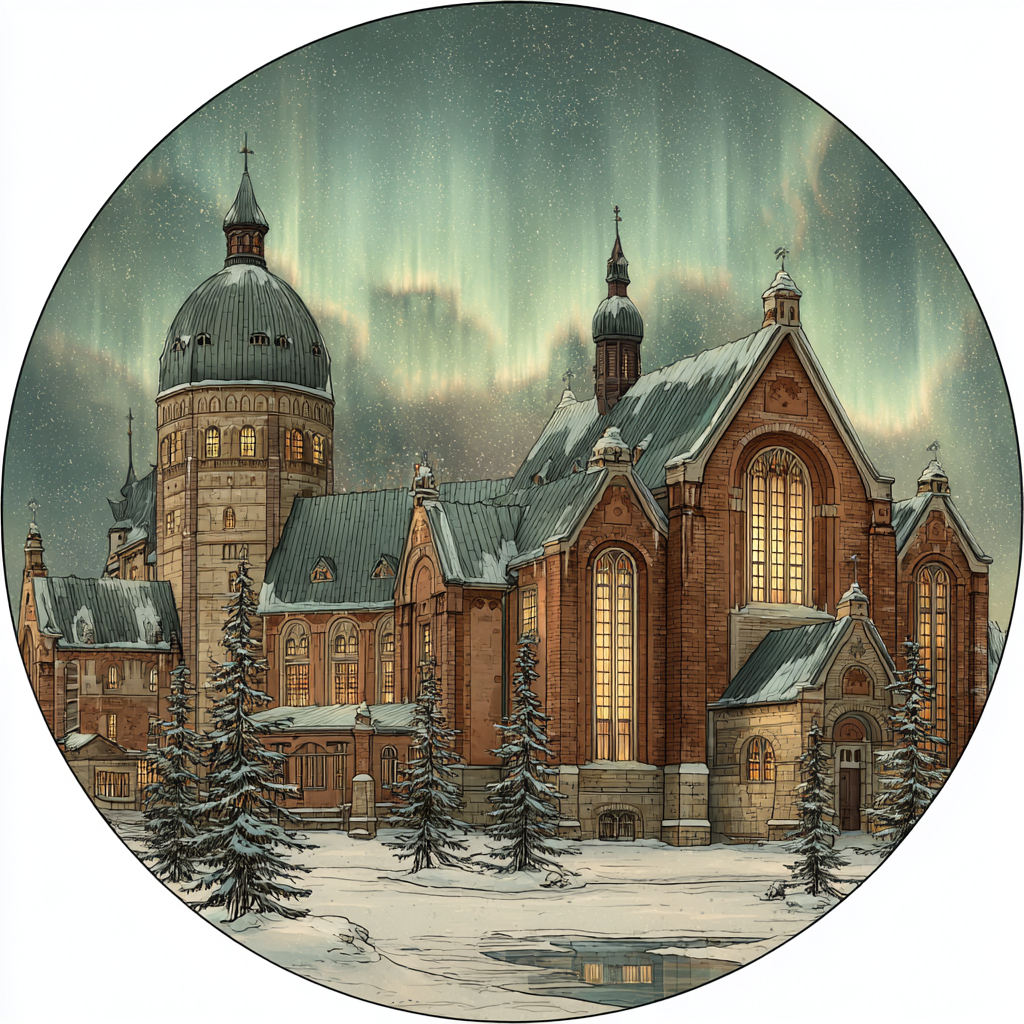 Majestic Snow-Covered Cathedral Round Print