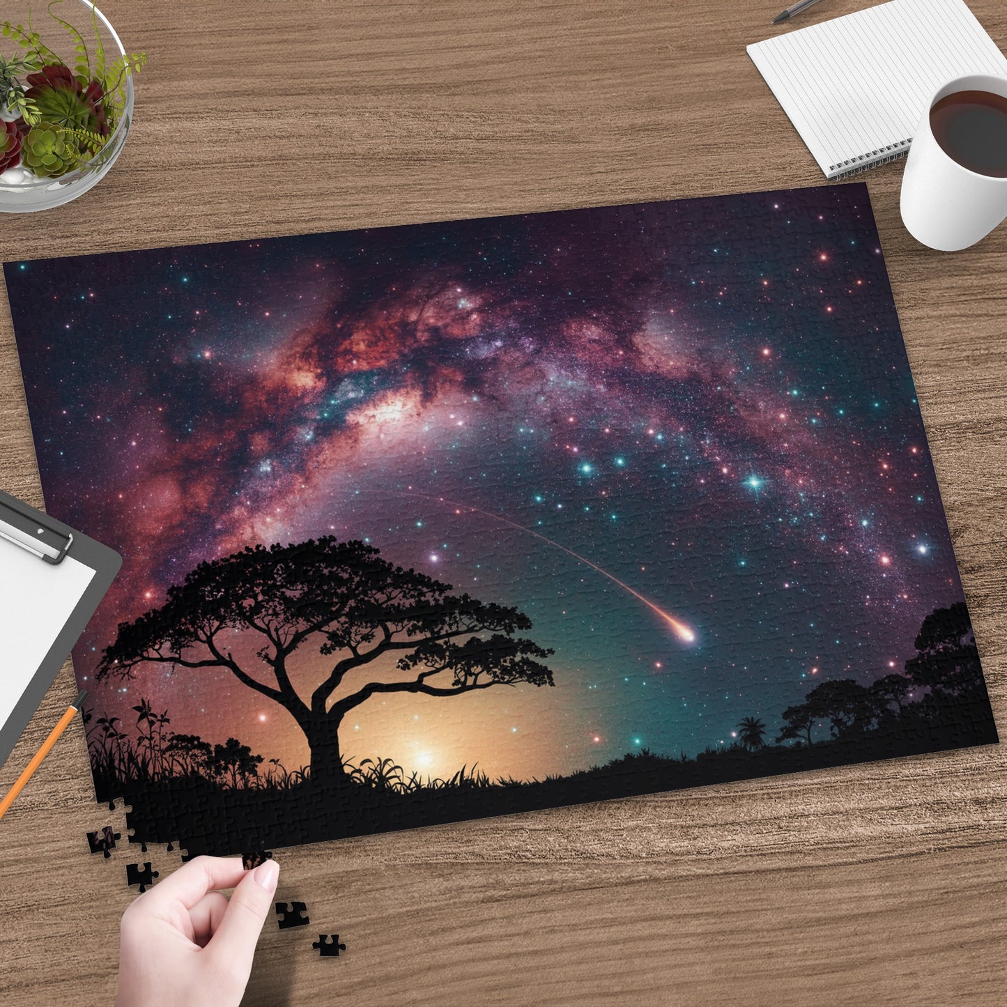 Silhouette of trees and a shooting star against a vibrant, starry night sky.