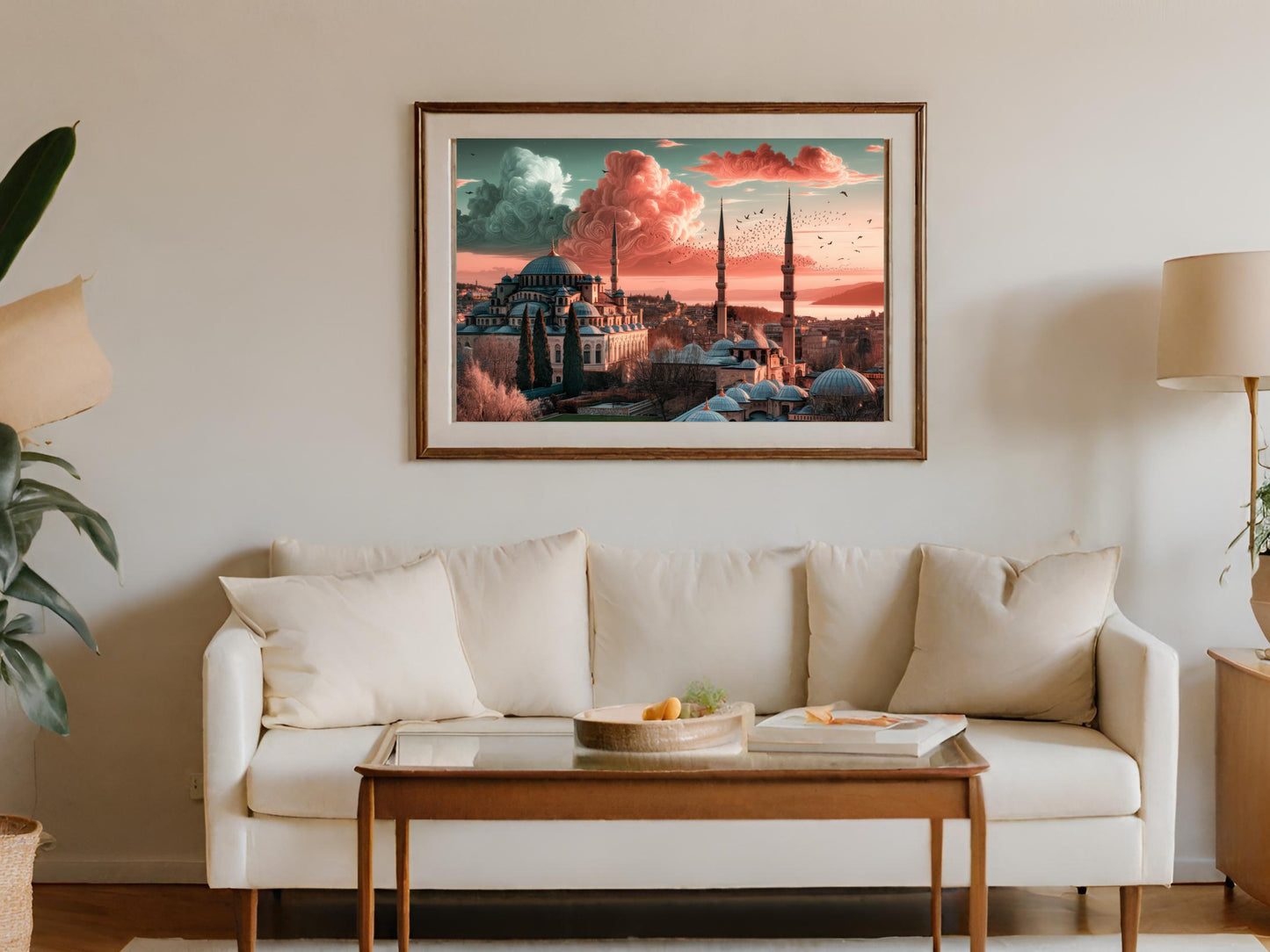 Framed artwork of Istanbul's Blue Mosque at sunset with birds flying.