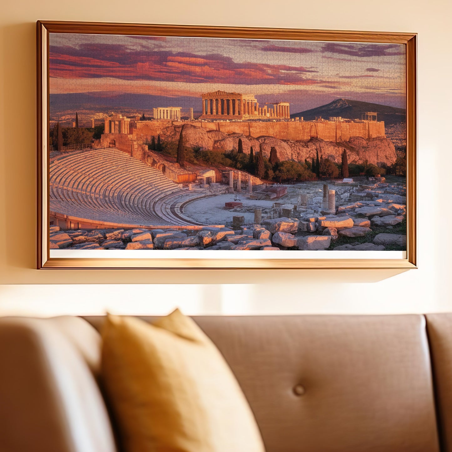 Framed jigsaw puzzle of the Acropolis of Athens at sunset.
