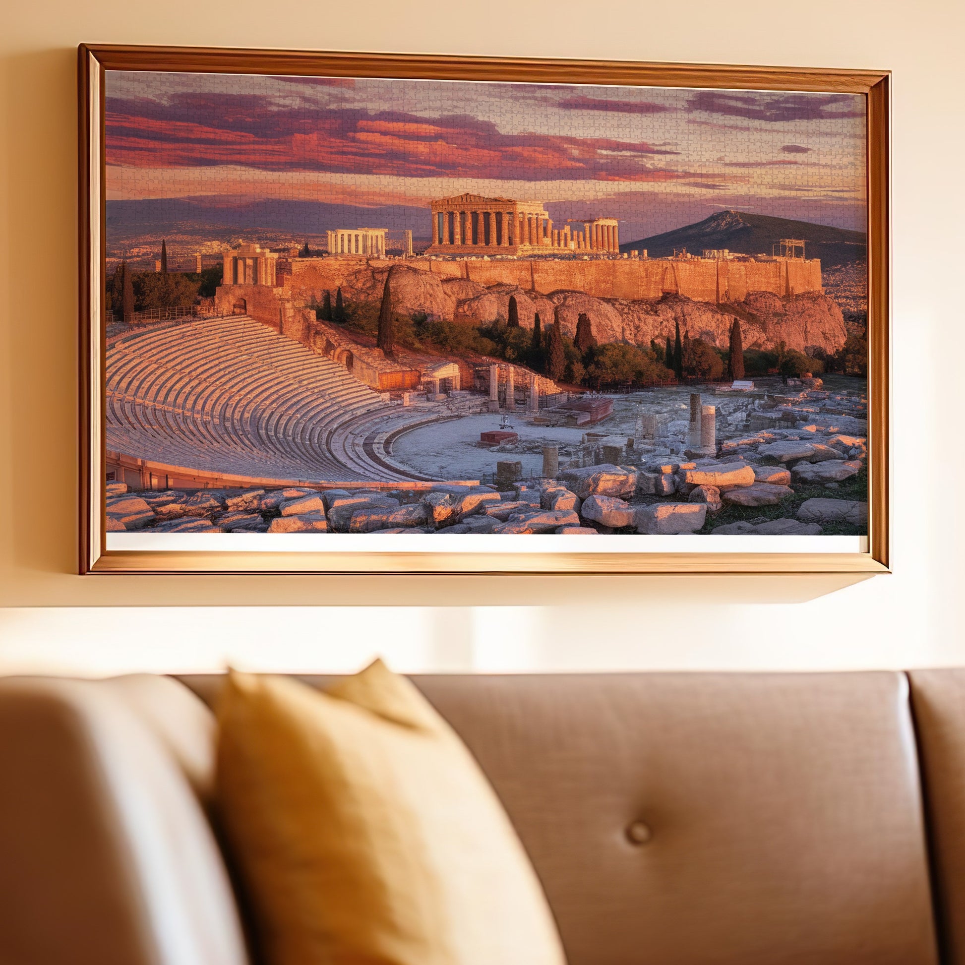 Framed jigsaw puzzle of the Acropolis of Athens at sunset.