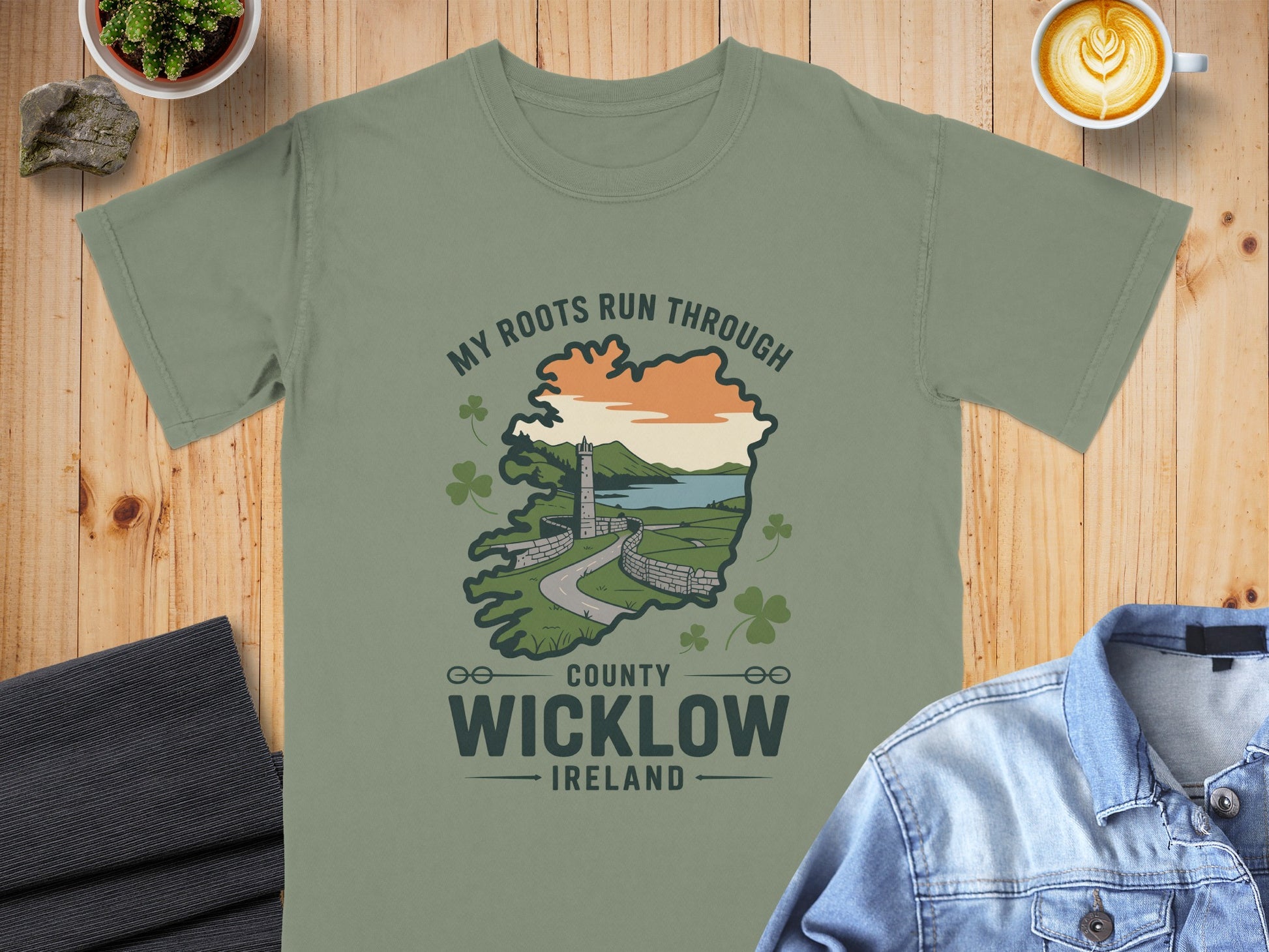 T-shirt with "My Roots Run Through County Wicklow Ireland" text and map graphic.