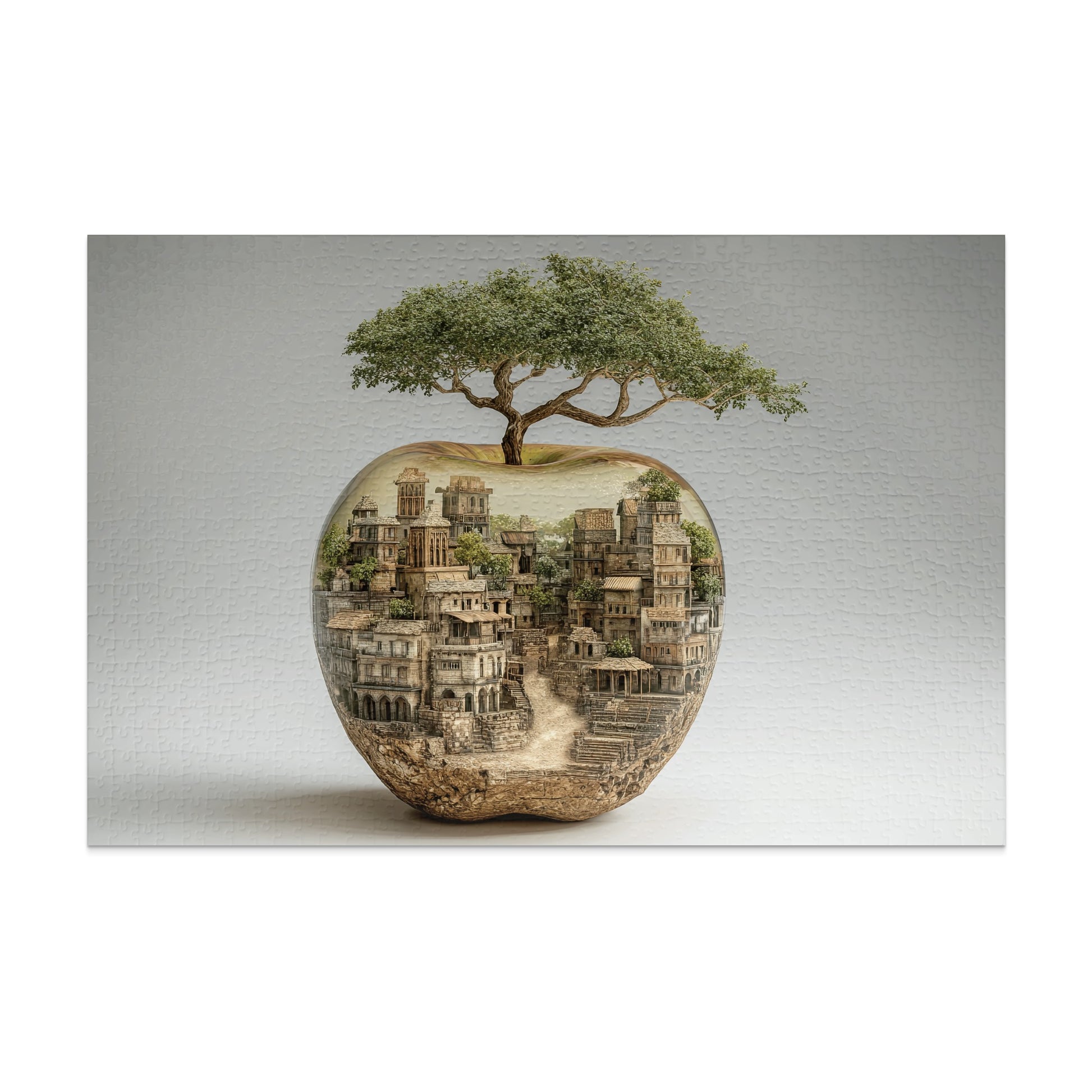 Tree-topped apple with ancient village scene inside, on textured background.