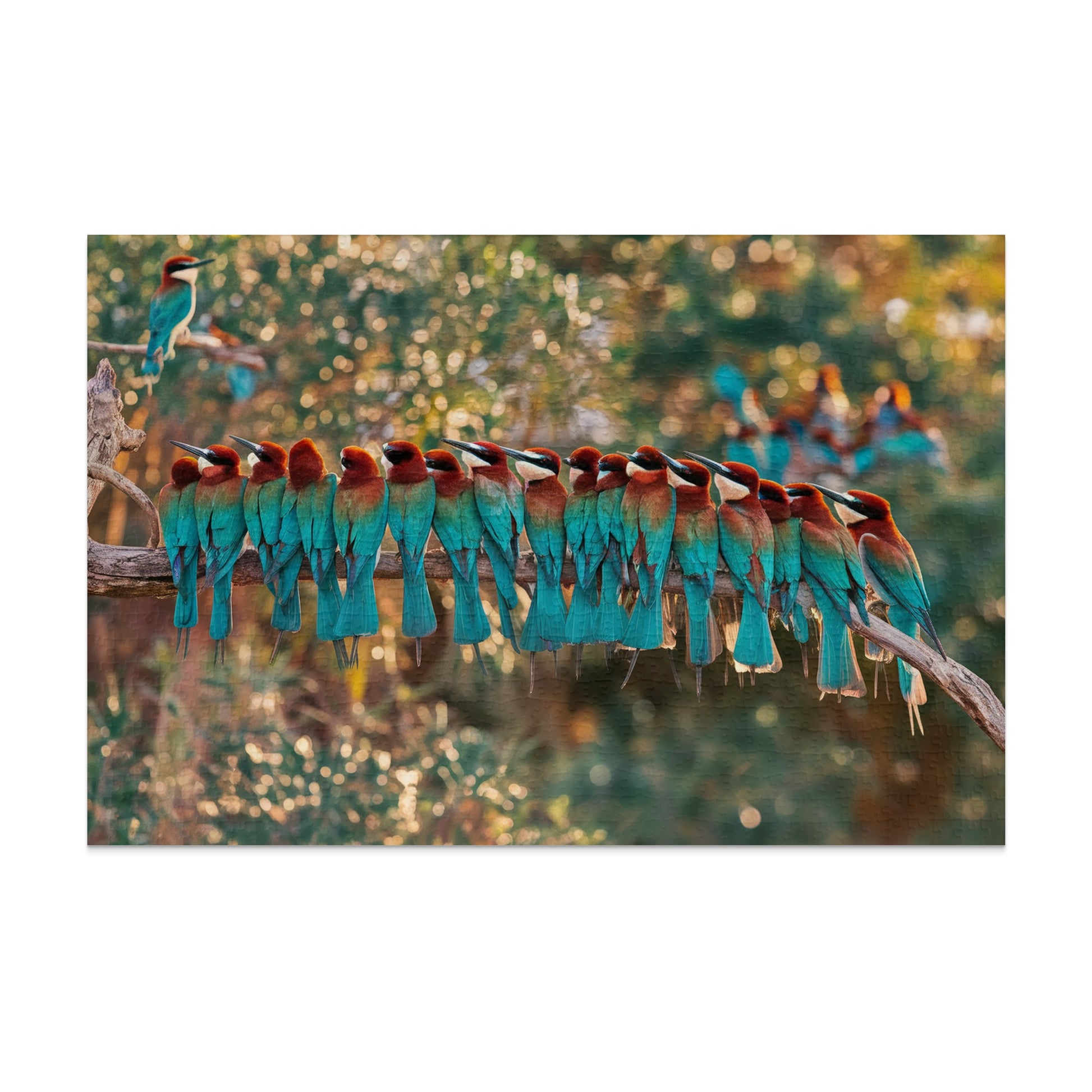 A flock of colorful bee-eater birds perched on a branch.