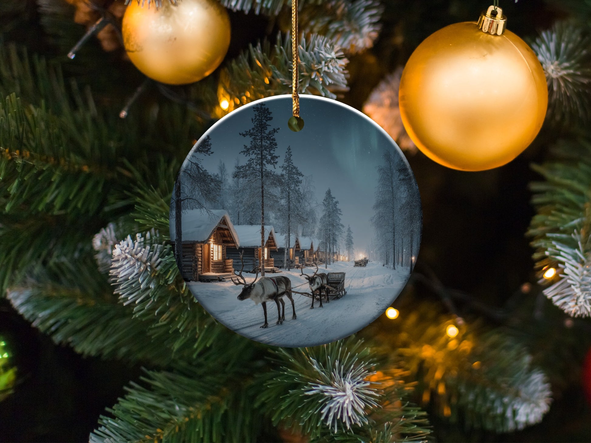 Winter Cabin Scene with Reindeer Christmas Ornament