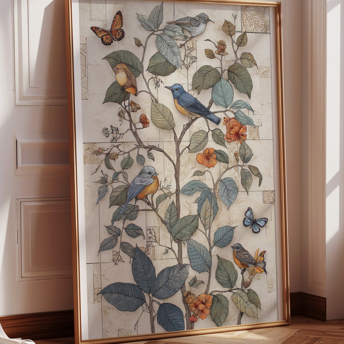 Decorative Framed Wall Art with Birds and Butterflies