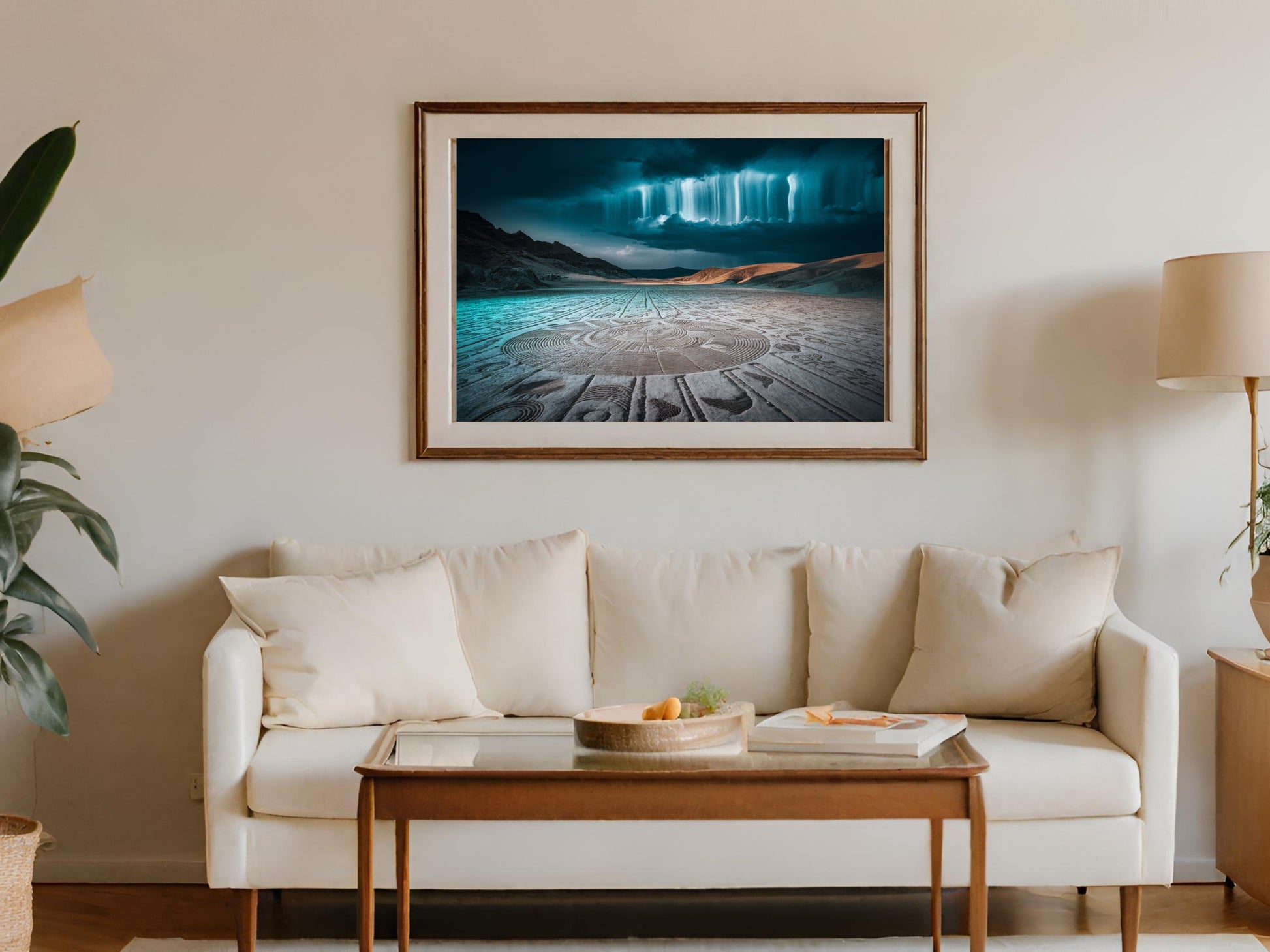 Framed artwork above a sofa depicting a desert with circular patterns and blue light beams.
