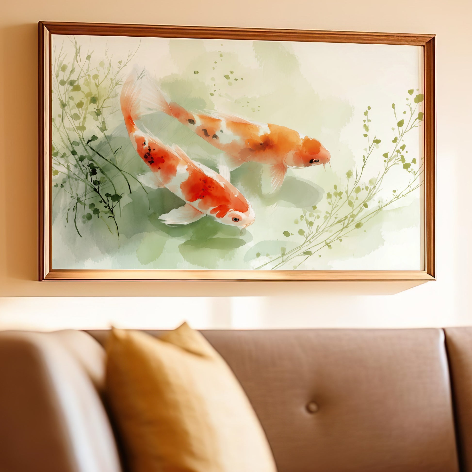 Graceful Two Koi Fish Pond Painting Framed Aquatic Art product type