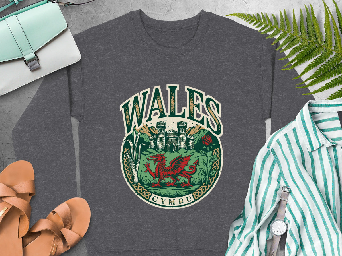 Dark gray sweatshirt with a circular Wales and Cymru graphic featuring a dragon and castle.