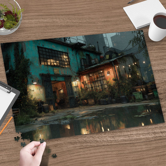 Cyan building with glowing windows and a pond on a wooden table.