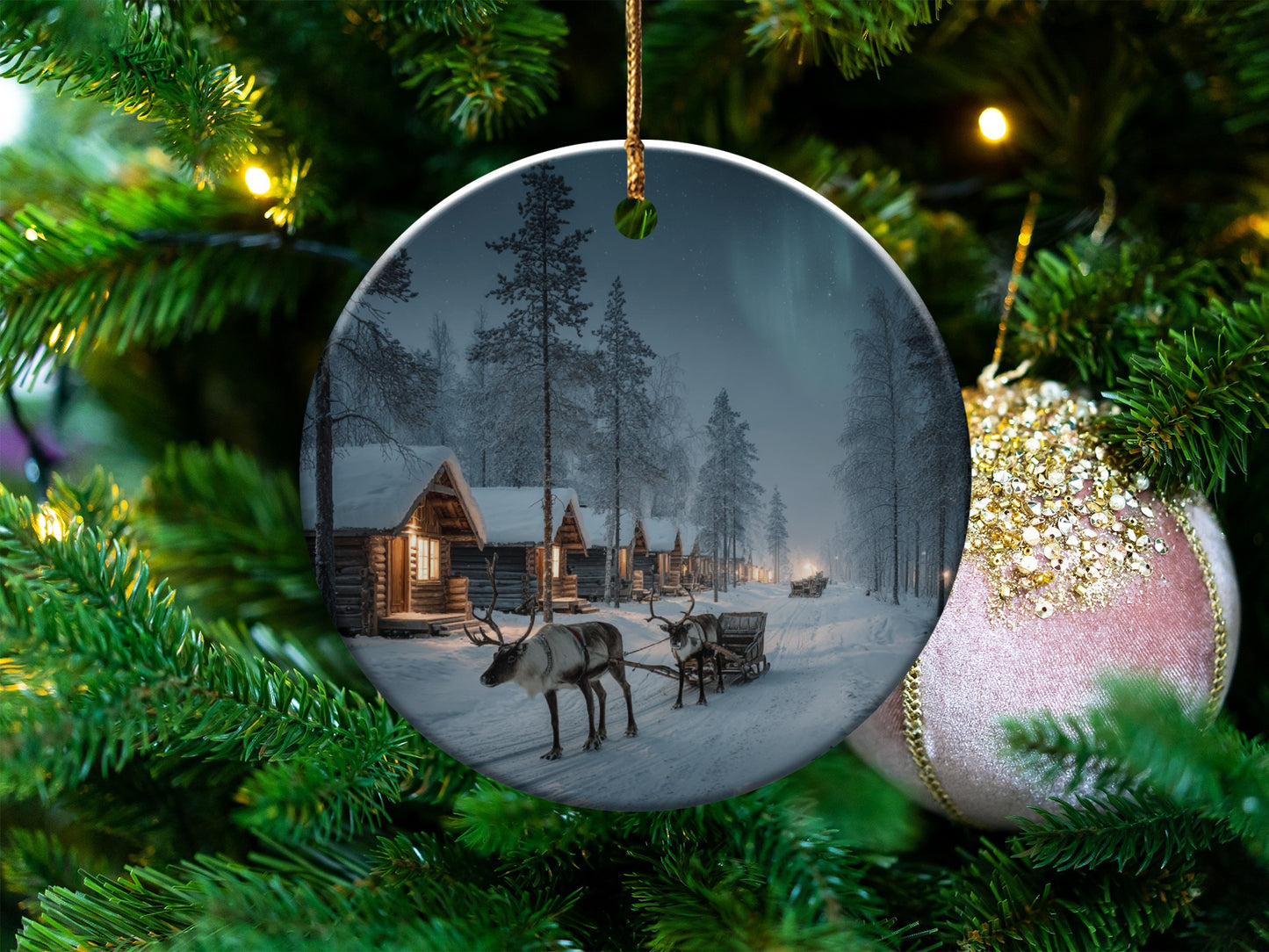 Northern Night Cabins with Reindeer Christmas Ornament
