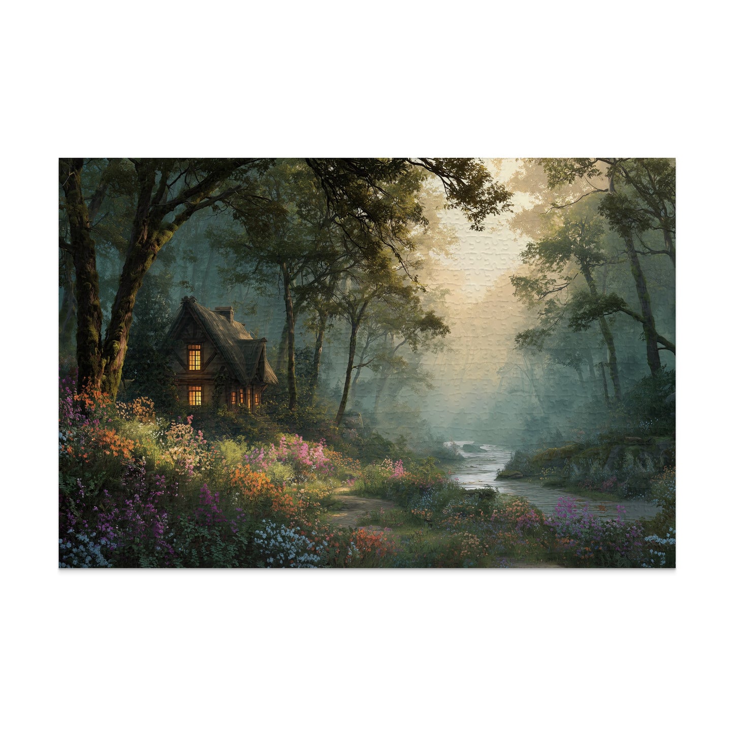 Magical Forest Cabin Wildflower Stream Sunlight product type
Forest, Cottage, Cabin, Woodland, Nature, Landscape, Fantasy, Enchanted, Mystical, River, Stream, Flowers, Wildflowers, Glowing, Sunlight, Serene, Cozy, Home, Tranquil, Art