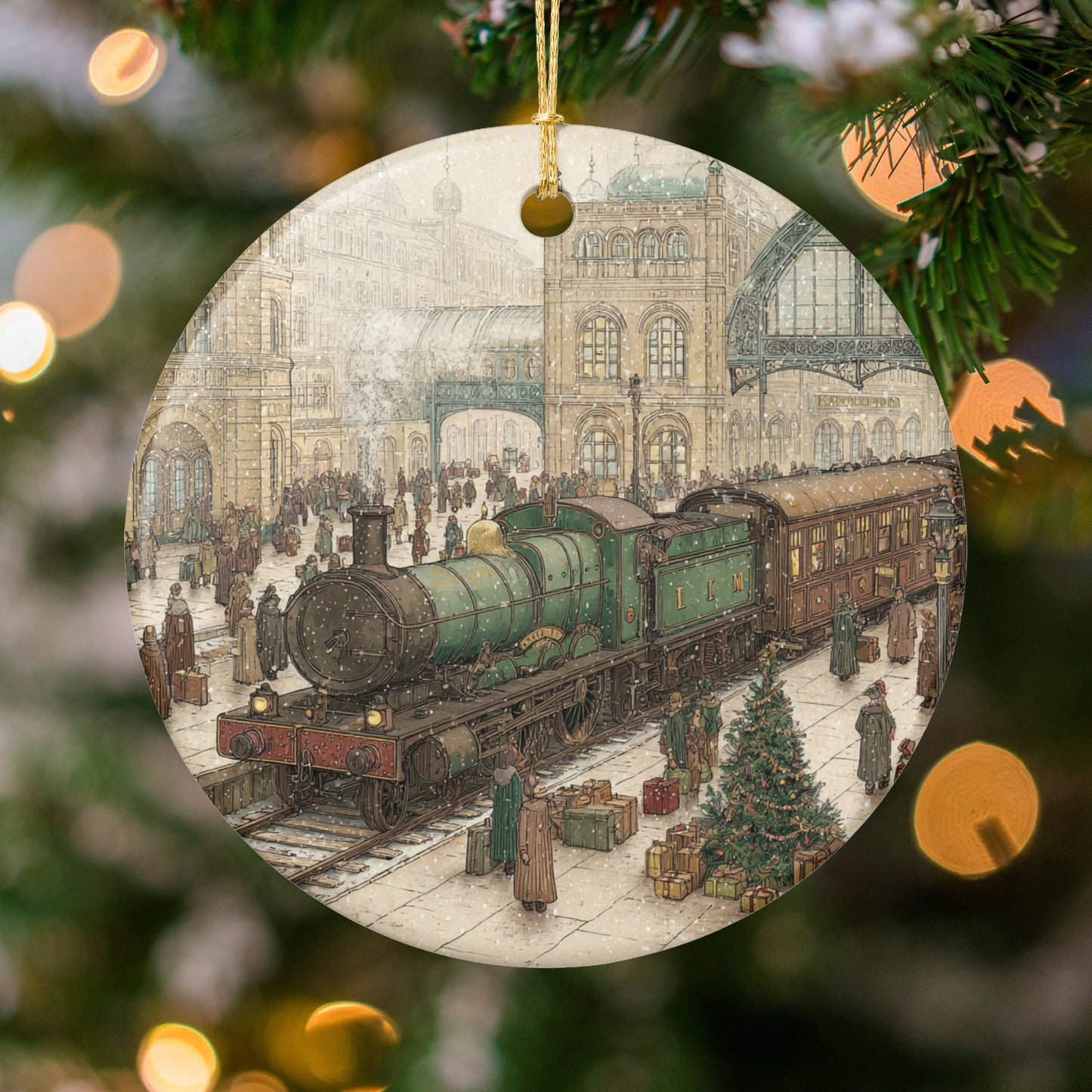 Vintage Christmas Train Station Scene Ornament