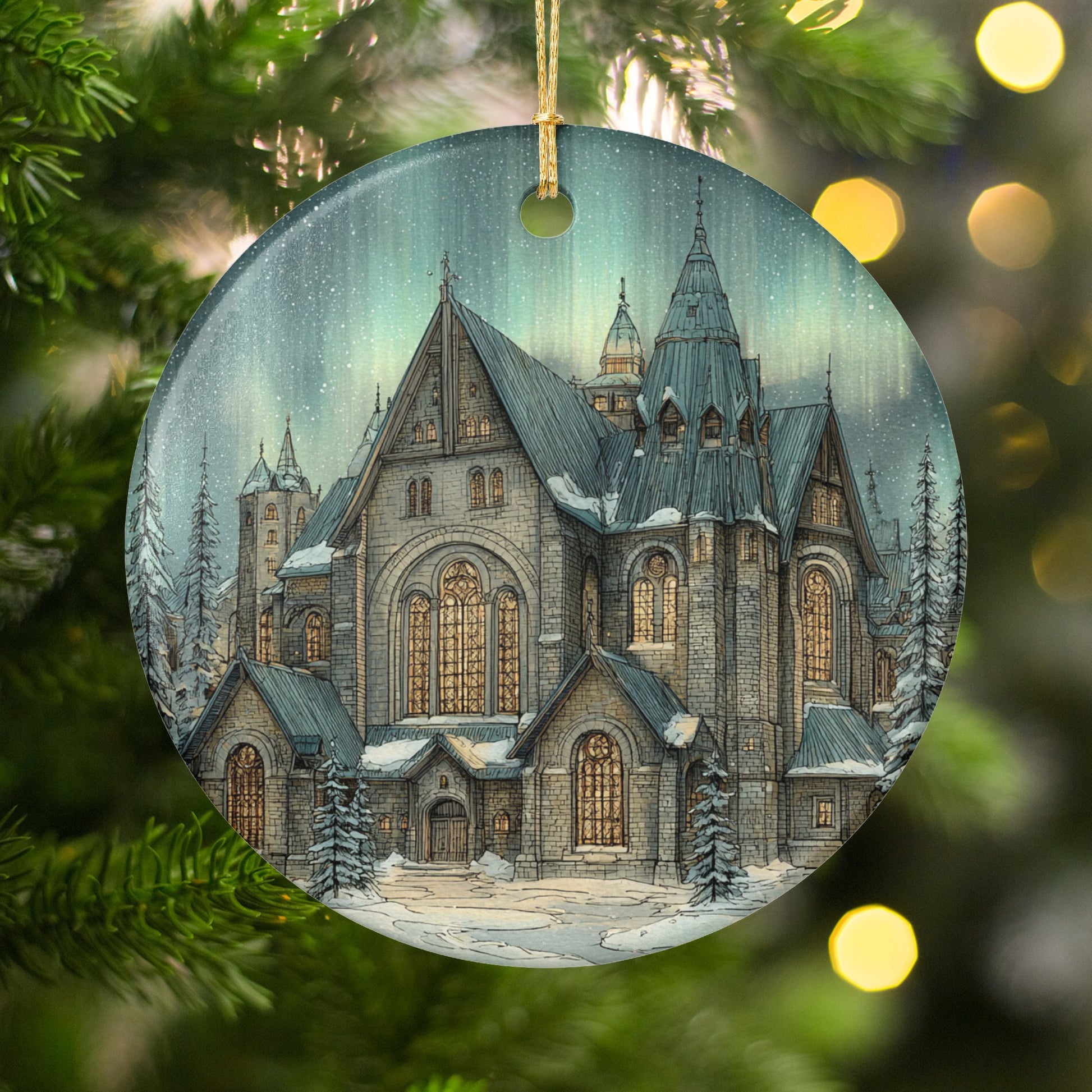 Beautiful Snowy Cathedral Artwork Christmas Ornament