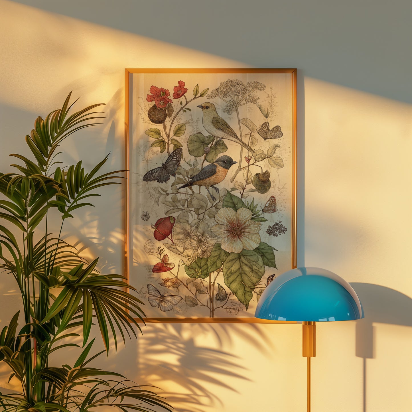Botanical Art Decor with Birds and Butterflies Poster