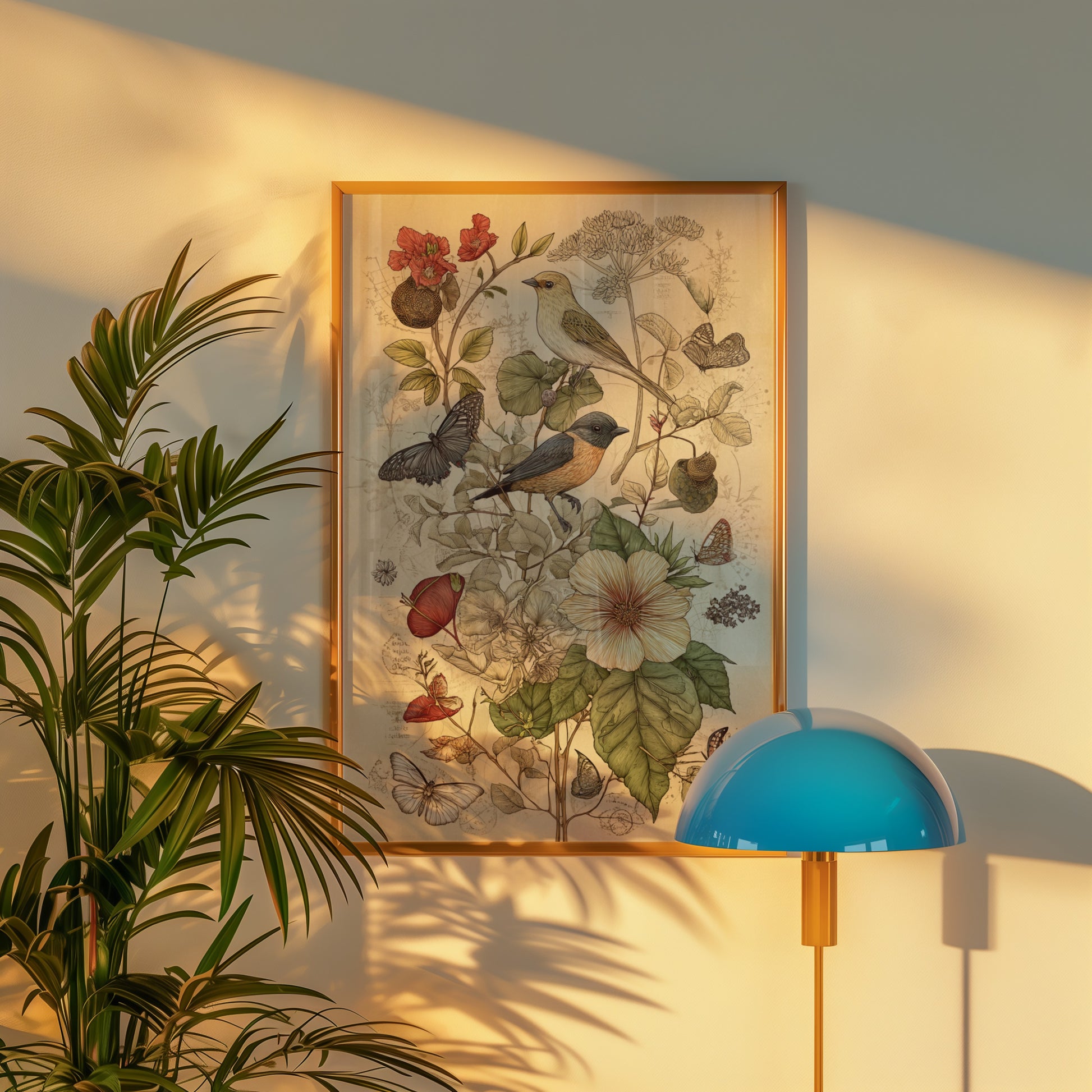 Botanical Art Decor with Birds and Butterflies Poster