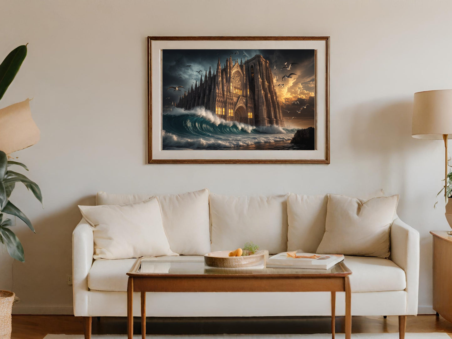 Gothic cathedral in stormy seas with birds at sunset, framed artwork over sofa.